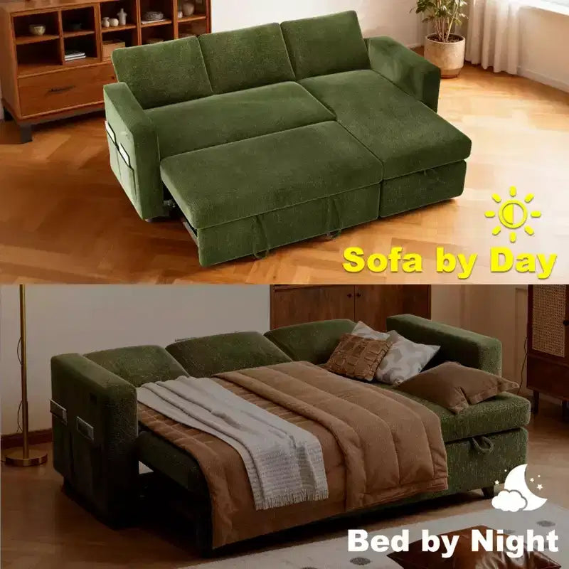 Divano letto estraibile 2 in 1 con chaise longue contenitore, divano sezionale in ciniglia con porte USB per soggiorno