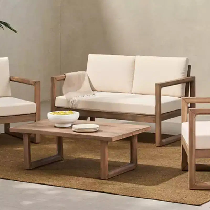 Set di mobili da patio in legno di acacia, set da conversazione per esterni con tavolino da caffè e morbidi cuscini per cortile, portico e balcone, Beige - Merax
