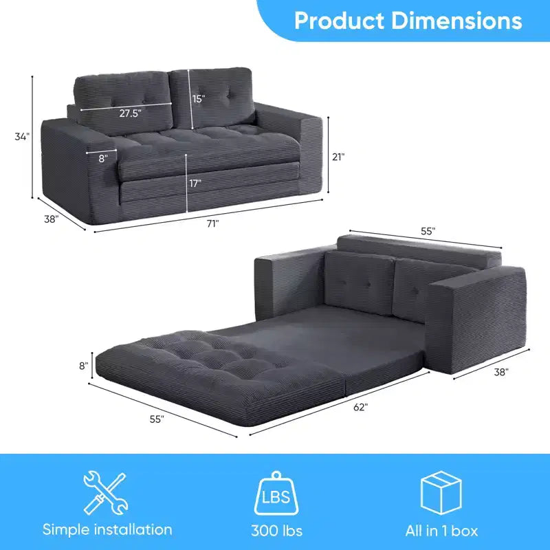 Mjkone Divano Letto Futon Convertibile 2-in-1 da 180 cm, in Tessuto a Coste, Pieghevole con Bottoni Trapuntati, Salvaspazio