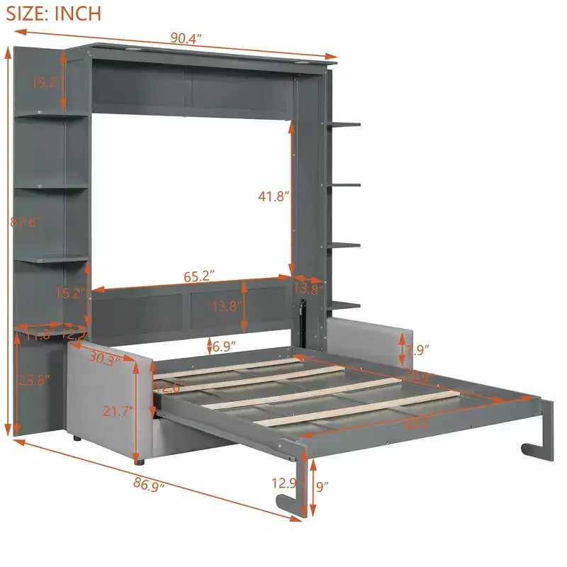 Letto a scomparsa Whisen Modern Design con struttura in legno, Queen Size, con divano e mensole