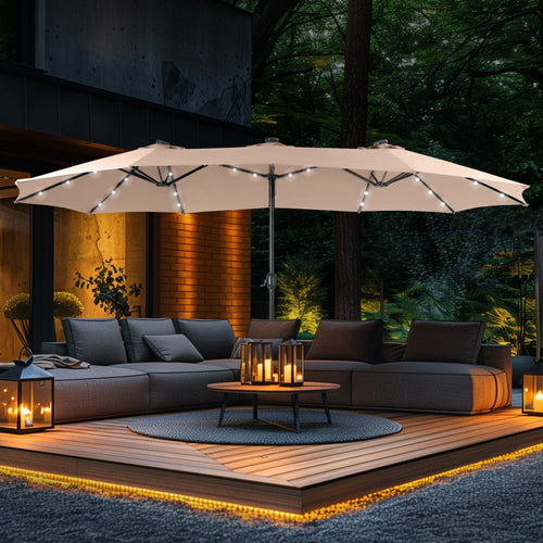 Ombrellone da esterno rettangolare con manovella, a doppia faccia, da 4,5 metri, con luci a LED solari e base inclusa
