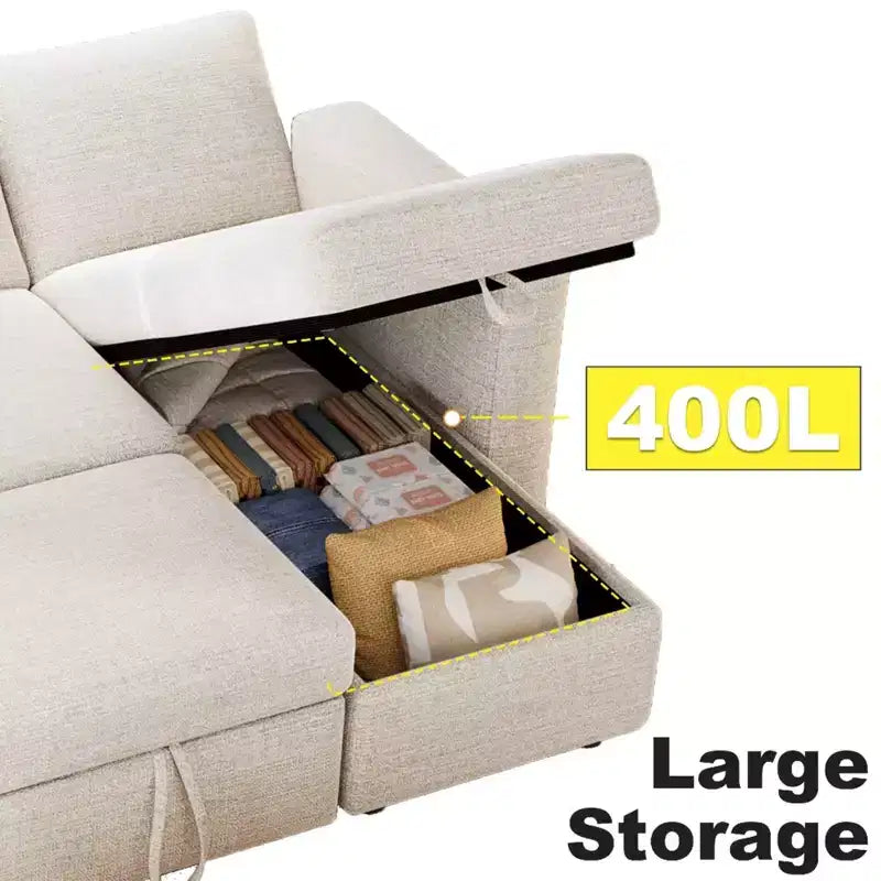 Divano letto estraibile 2 in 1 con chaise longue contenitore, divano sezionale in ciniglia con porte USB per soggiorno
