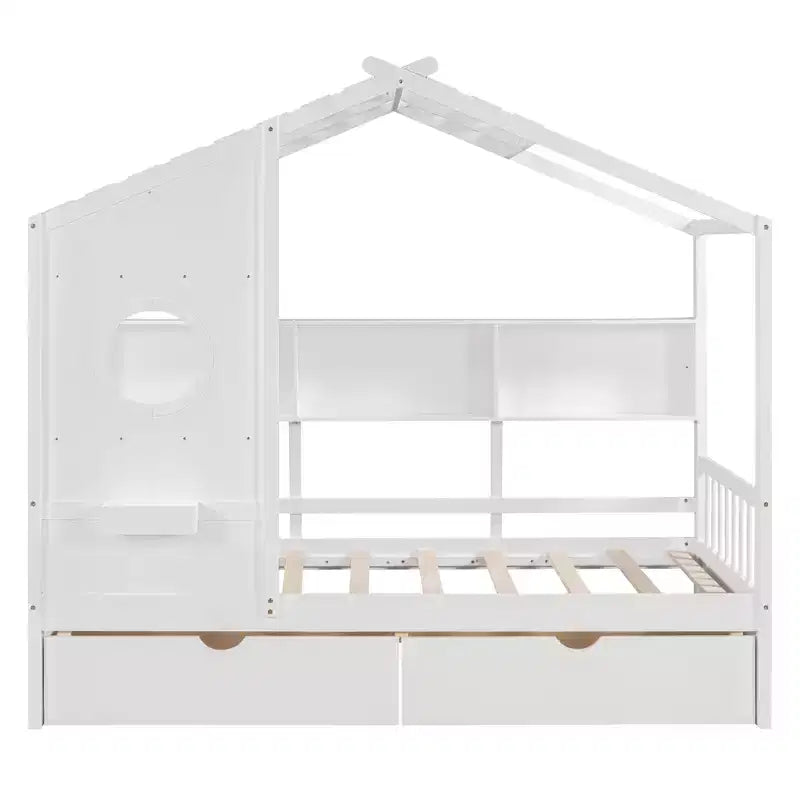 Letto in legno a forma di casa Twin/Full Size con 2 cassetti, letto per bambini con scaffale portaoggetti - ModernLuxe