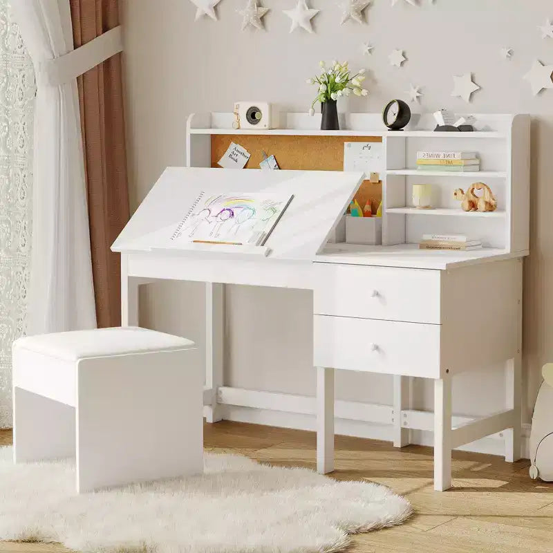 Set Scrivania e Sedia per Bambini, Tavolo da Studio in Legno con Piano Inclinabile Regolabile, Cassetti e Bacheca in Sughero - Set Scrivania per la Scuola dei Bambini
