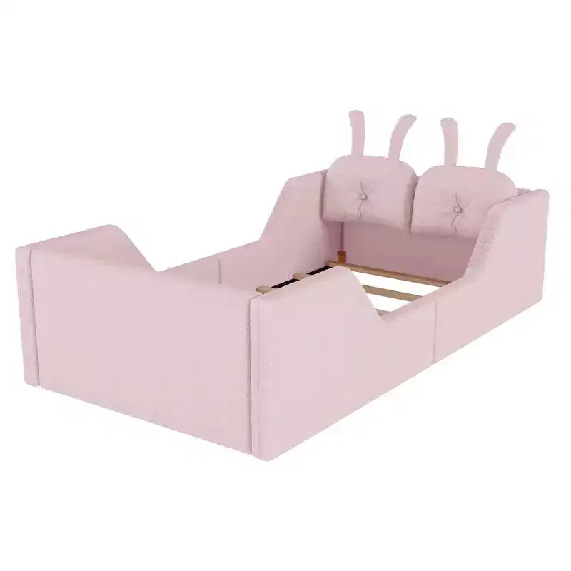 Letto a piattaforma Whisen Twin, struttura letto imbottita per bambini con cuscino a coniglio, sponde laterali rimovibili