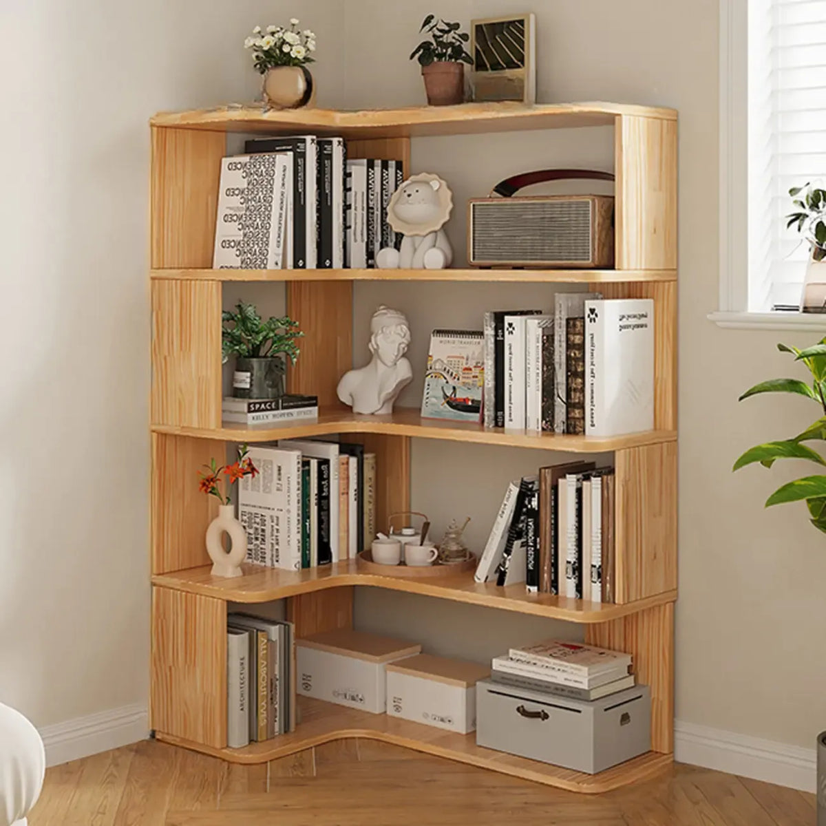 Libreria a giorno verticale a L in legno finitura naturale