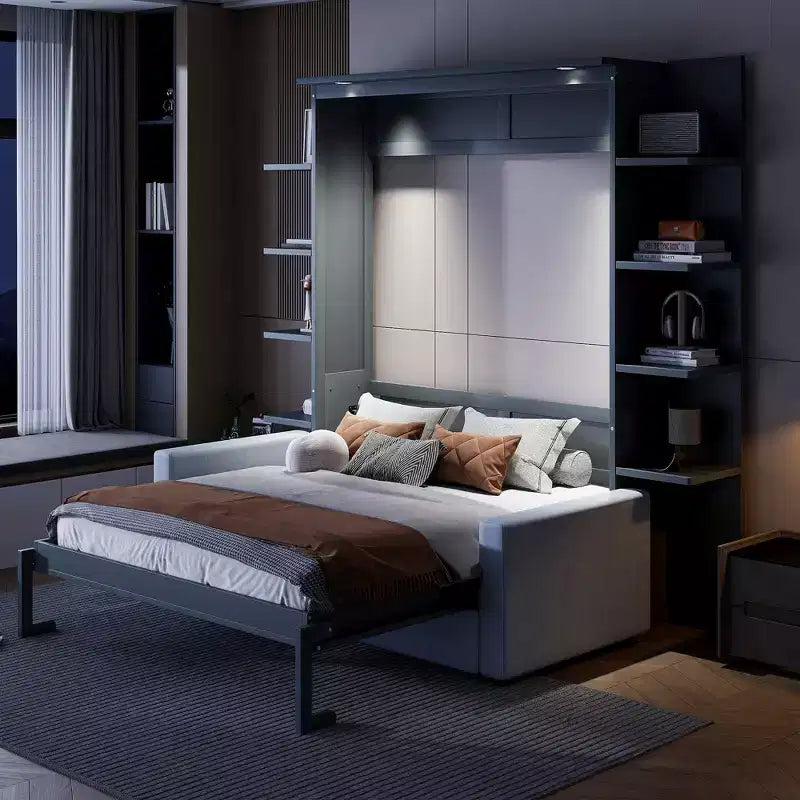 Letto a scomparsa Whisen Modern Design con struttura in legno, Queen Size, con divano e mensole