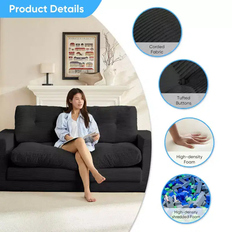 Mjkone Divano Letto Futon Convertibile 2-in-1 da 180 cm, in Tessuto a Coste, Pieghevole con Bottoni Trapuntati, Salvaspazio