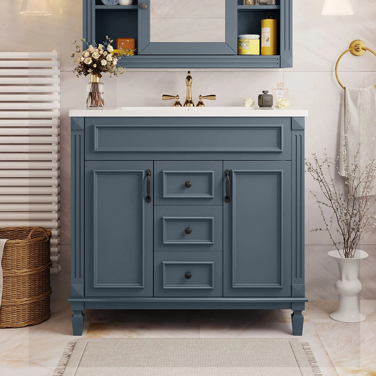 Mobile bagno moderno da 90 cm con lavabo integrato e specchiera, 2 ante e 2 cassetti