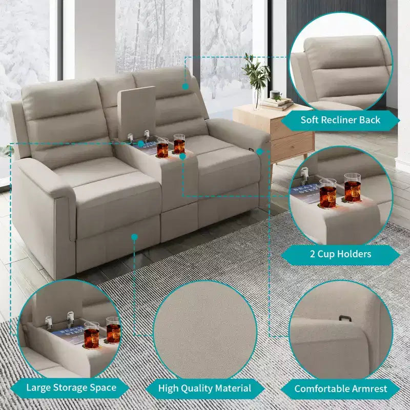 Divano a 2 posti reclinabile in tessuto tecnico beige/grigio con schienale e poggiapiedi regolabili