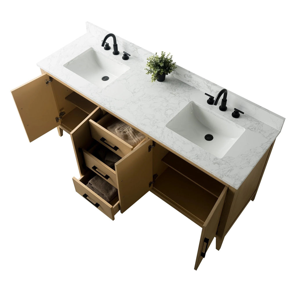 Mobile lavabo doppio Vanity Art 72 per bagno, con top in marmo tecnico