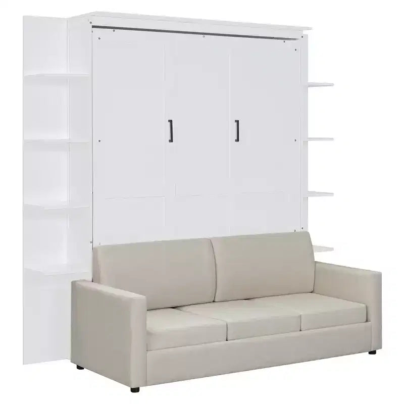 Letto a scomparsa Whisen Modern Design con struttura in legno, Queen Size, con divano e mensole