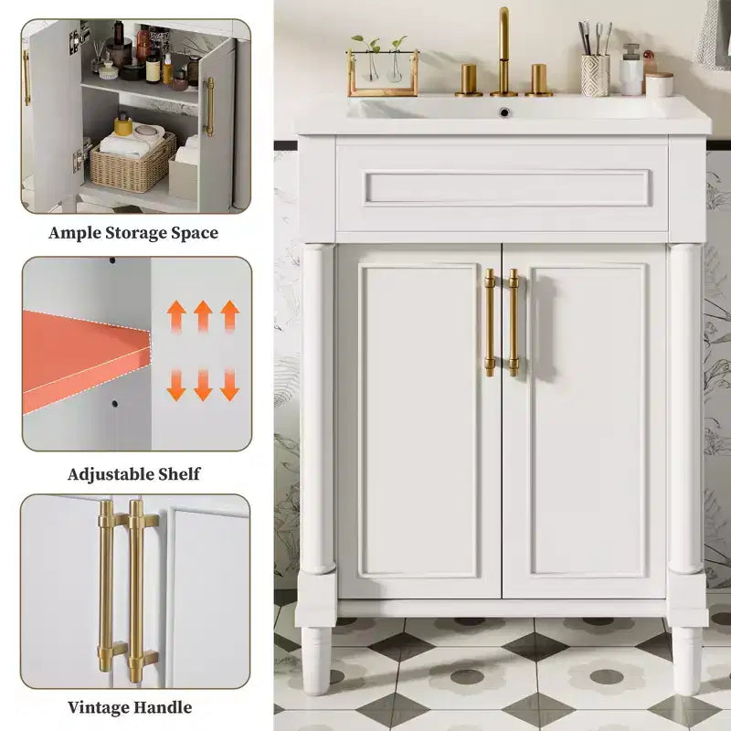 Mobiletto da bagno 61 cm con lavabo in ceramica, mobile stile shaker, 2 ante con chiusura ammortizzata, struttura in legno massello per bagno piccolo o bagno di servizio