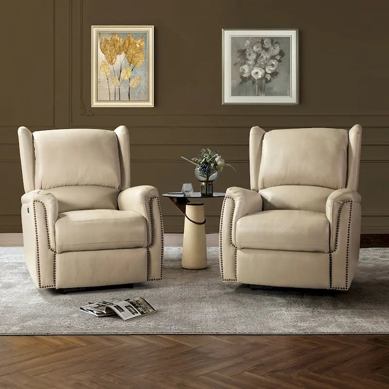 Poltrona reclinabile elettrica in vera pelle con porta USB – Set da 2, schienale alto con borchie