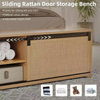 Struttura Letto Boho Farmhouse in Rattan Naturale, Testiera con Vano Contenitore a Porta Scorrevole a Fienile e Luce LED, Gambe di Supporto in Legno Massello.