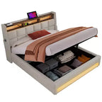 Letto Queen Size con Contenitore Idraulico, LED, USB, Testiera Imbottita, Nessuna Rete a Molle, Facile Montaggio