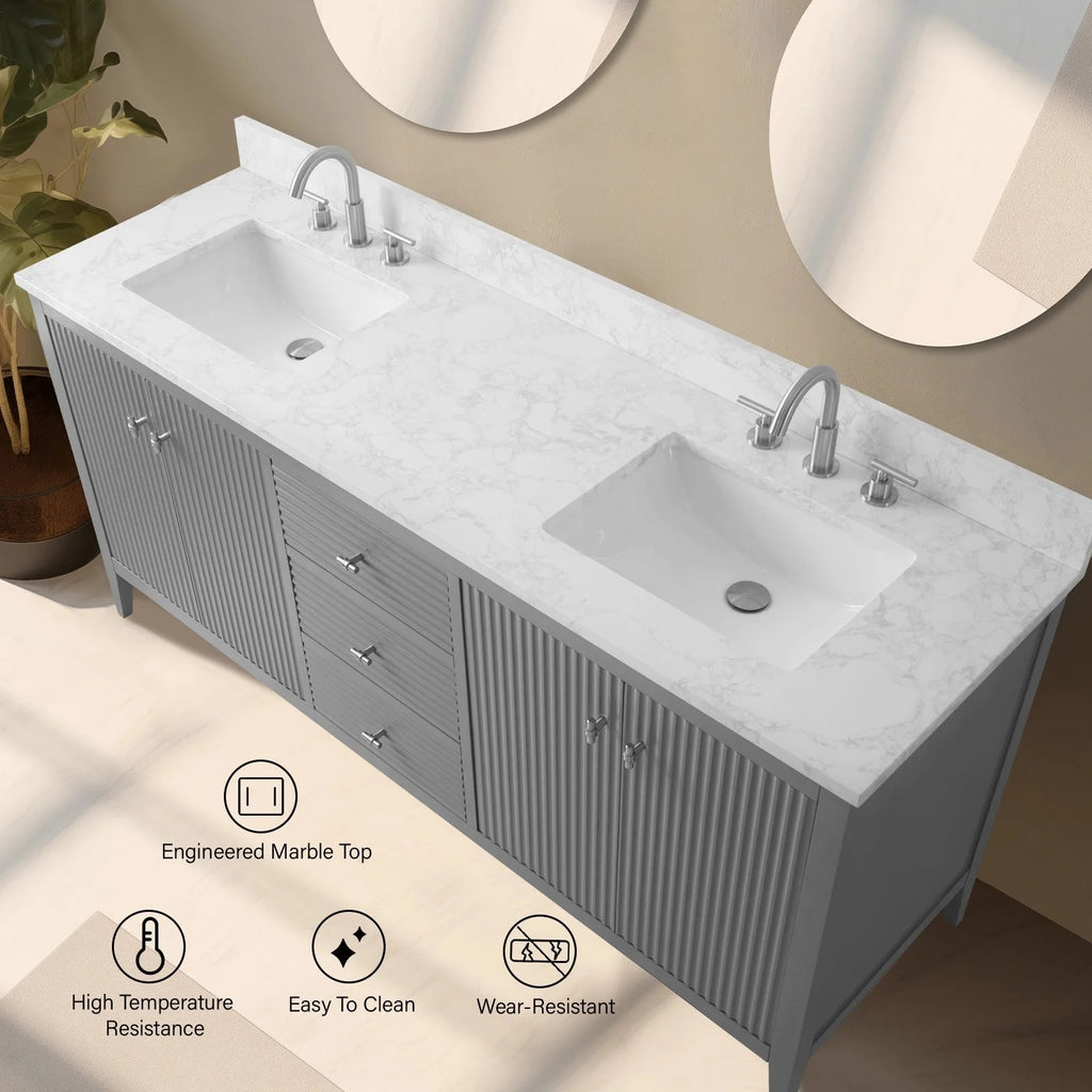 Mobile lavabo doppio Vanity Art 72 per bagno, con top in marmo tecnico