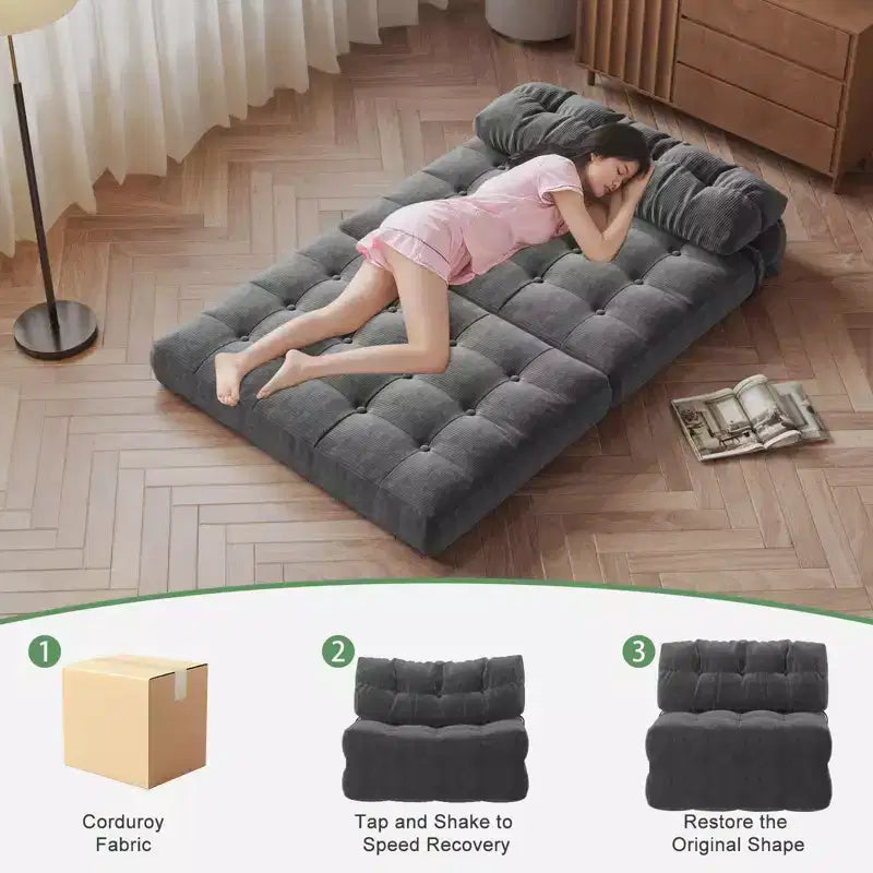 Divano Letto Futon Pieghevole in Velluto a Coste, Sedia Convertibile da Terra con Cuscino e Supporto per la Schiena
