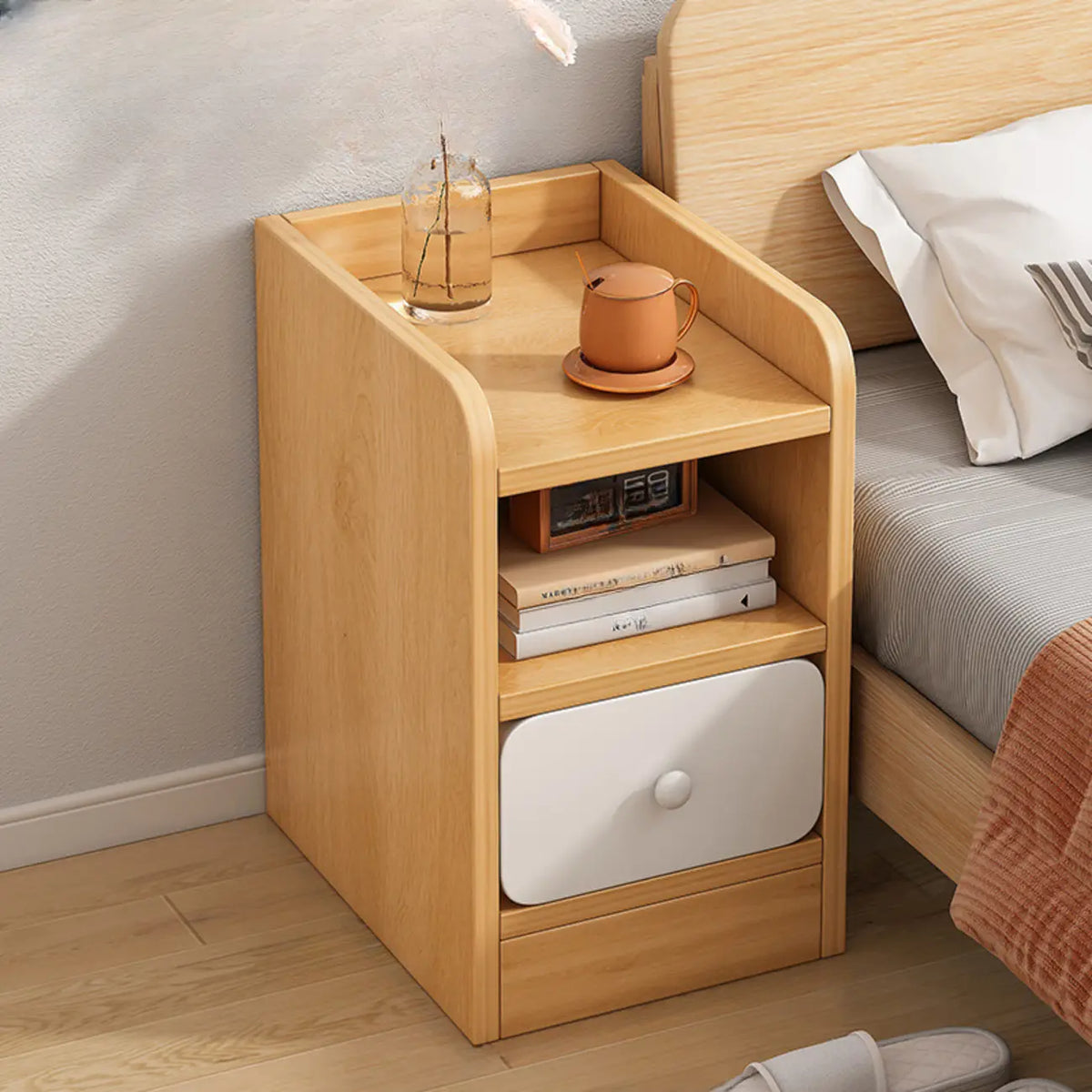 Comodino Semplice Bianco in Legno Naturale a 2 Cassetti