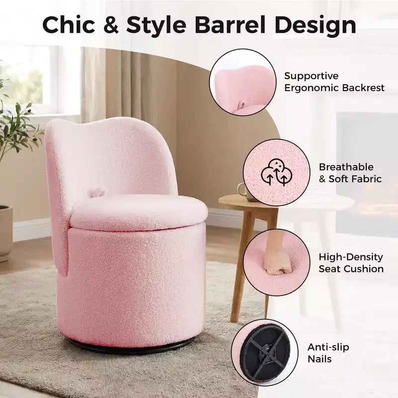 Sedia da toilette girevole con contenitore, Sgabello da trucco rotondo imbottito con schienale, Poltroncina a botte imbottita per camera da letto e soggiorno