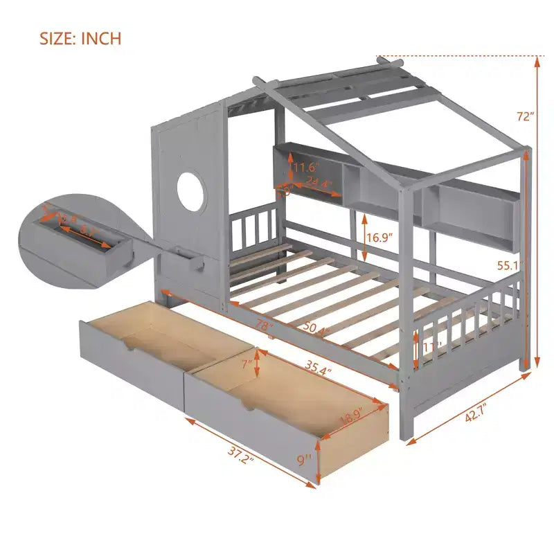 Letto in legno a forma di casa Twin/Full Size con 2 cassetti, letto per bambini con scaffale portaoggetti - ModernLuxe