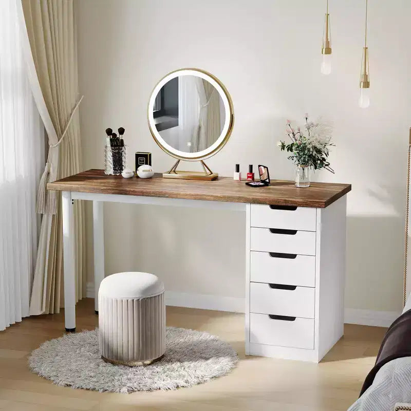 Scrivania per computer da 47 pollici con 5 cassetti, tavolo da studio/scrittura moderno rustico reversibile, postazione di lavoro per ufficio domestico per piccoli spazi