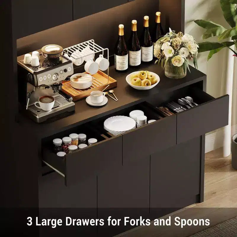 Mobile dispensa da cucina da 71 pollici, mobile credenza con luci a LED e prese di corrente, mobile buffet con supporto per microonde, ripiani regolabili
