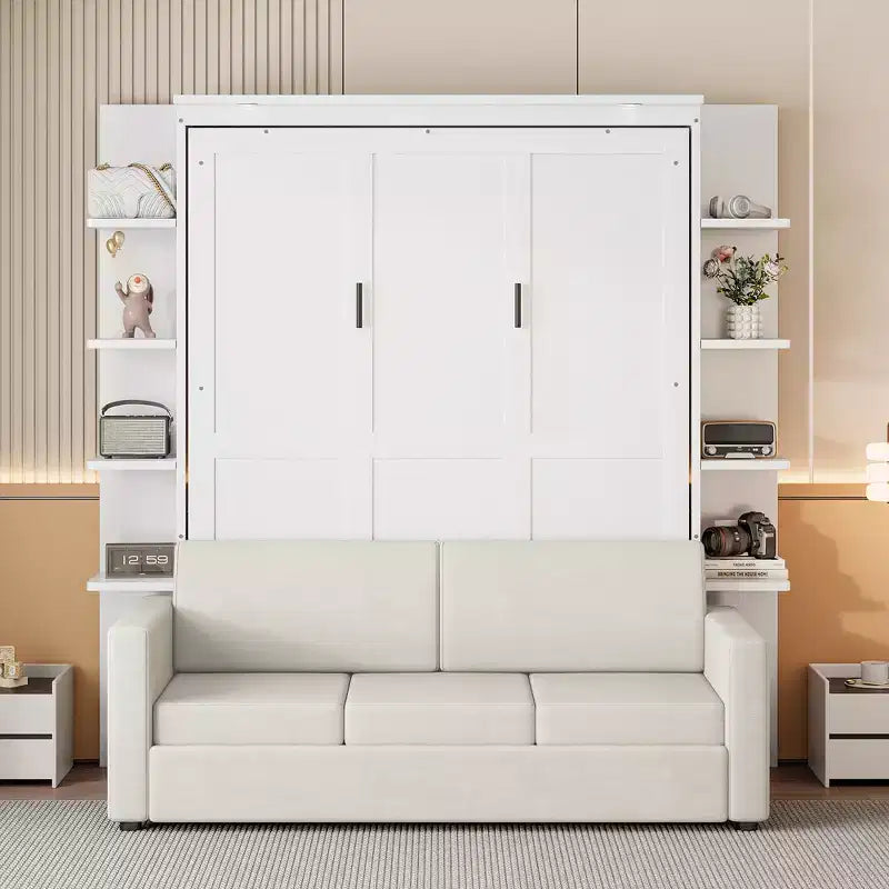 Letto a scomparsa Whisen Modern Design con struttura in legno, Queen Size, con divano e mensole