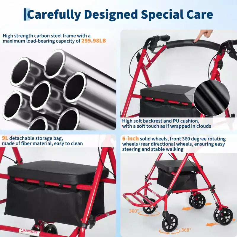 Sedia a Rotelle Pieghevole Portatile per Adulti, Capacità 135 kg, 6 Ruote, Altezza Regolabile, Vano Portaoggetti Sottosedile, Seduta Confortevole e Pedale