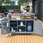 Isola Cucina da Esterno, Carrello Bar con Ruote e Mobile Contenitore, Tavolo per Barbecue in Legno Massello con Piano in Acciaio Inox, Porta Spezie, Porta Asciugamani