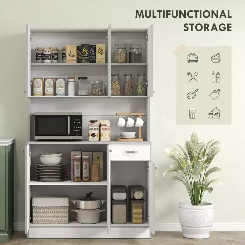 71 Armadio dispensa da cucina, mobile contenitore alto con supporto per microonde, credenza da cucina moderna, 3 ripiani regolabili per soggiorno, sala da pranzo