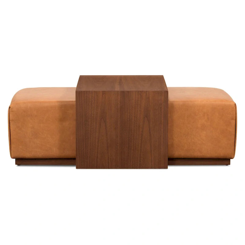 Poly & Bark Pouf Jarmo con Tavolino Regolabile in Noce - Vera Pelle Italiana Pieno Fiore
