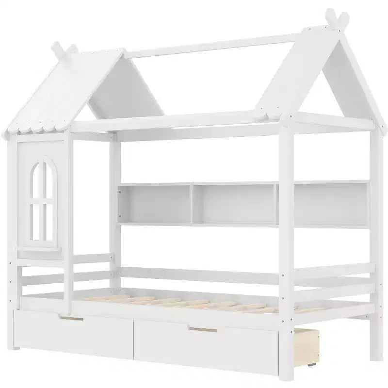 Letto a capanna con cassetti contenitori e finestra, struttura in legno massello con mensole, design giocoso infantile, bianco chiaro
