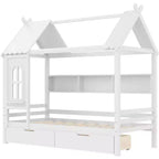 Letto a capanna con cassetti contenitori e finestra, struttura in legno massello con mensole, design giocoso infantile, bianco chiaro