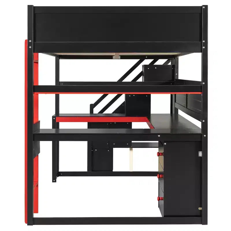 Letto a soppalco da gaming in legno Scott di GDFStudio con scale contenitore, scrivania, mensole e pannello forato