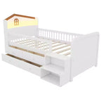 Letto a soppalco basso Whisen con luci a LED, testiera a forma di casetta e cassetti portaoggetti, struttura solida