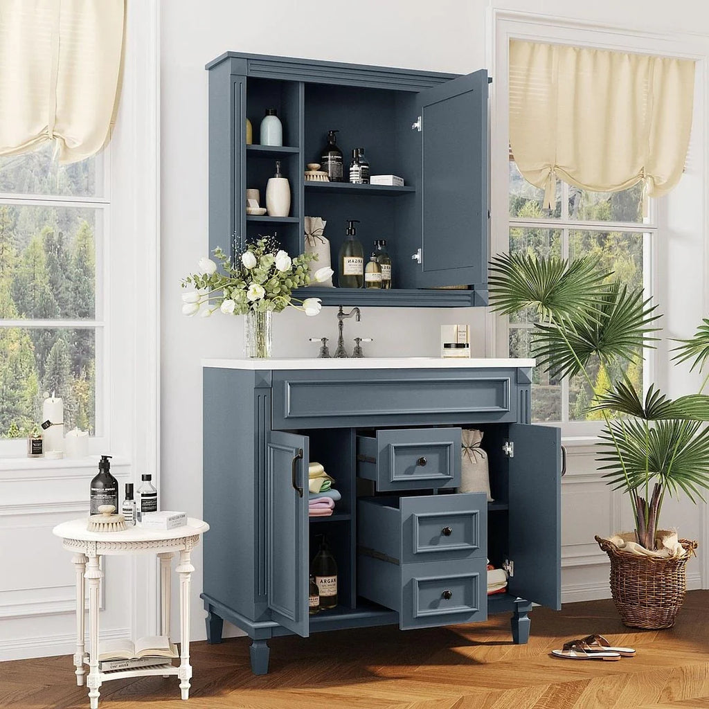 Mobile bagno moderno da 90 cm con lavabo integrato e specchiera, 2 ante e 2 cassetti
