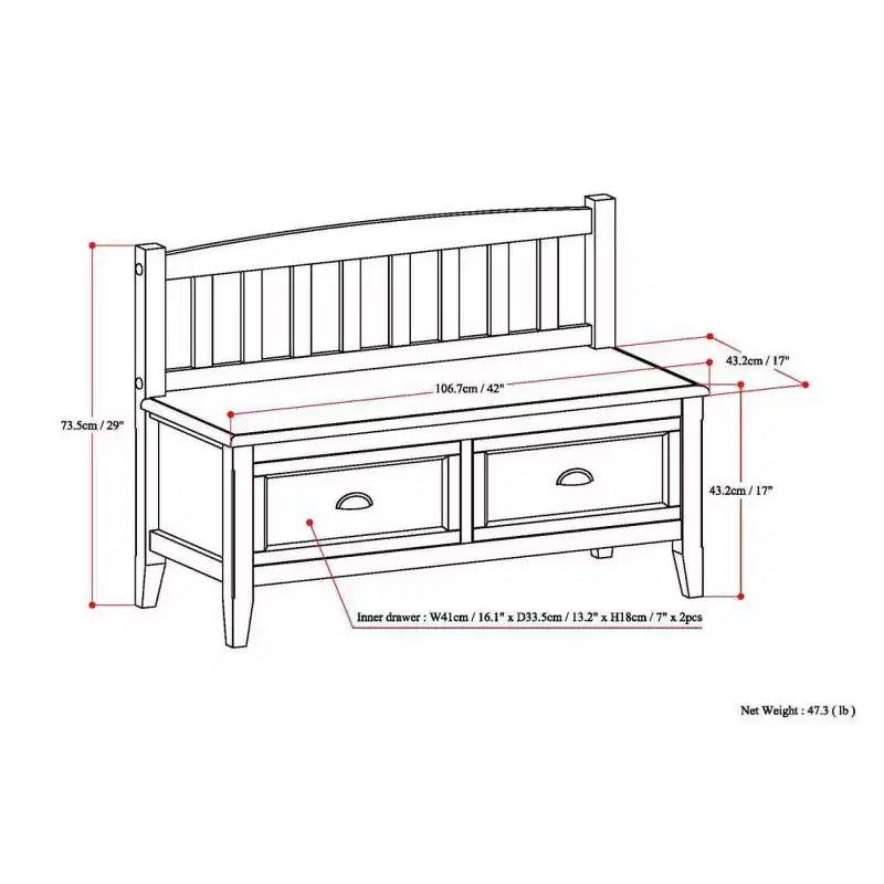 Banc de rangement d'entrée 42 po Portland avec tiroirs - Wyndenhall
