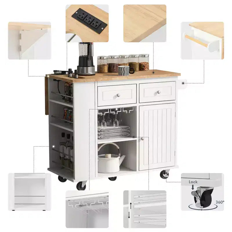 Isola da Cucina Mobile con Presa di Corrente, Piano Ribaltabile e Top in Legno di Gomma