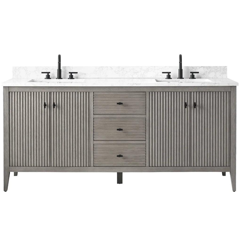 Mobile lavabo doppio Vanity Art 72 per bagno, con top in marmo tecnico
