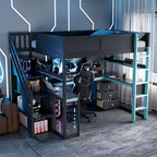 Letto a soppalco da gaming in legno Scott di GDFStudio con scale contenitore, scrivania, mensole e pannello forato