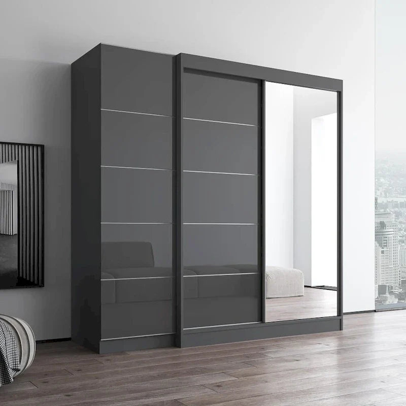 Armadio a 2 ante con specchio, frontale in vetro, 2 persone (grigio / nero / bianco)