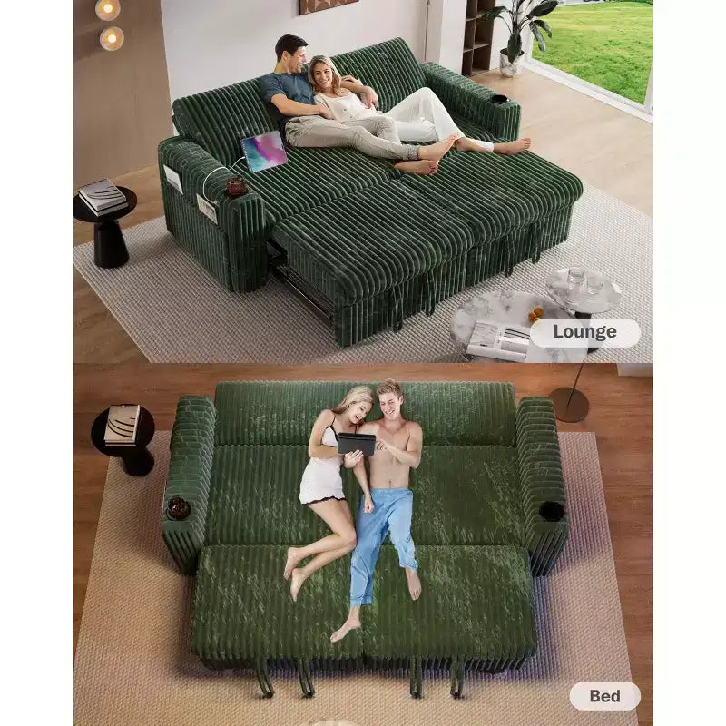 Divano letto componibile Dyonery 91 con letto estraibile, schienale reclinabile/due letti estraibili/porte USB/portabicchieri, velluto a coste felpato