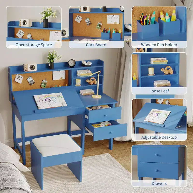 Set Scrivania e Sedia per Bambini, Tavolo da Studio in Legno con Piano Inclinabile Regolabile, Cassetti e Bacheca in Sughero - Set Scrivania per la Scuola dei Bambini