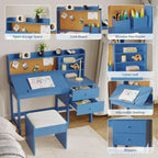 Set Scrivania e Sedia per Bambini, Tavolo da Studio in Legno con Piano Inclinabile Regolabile, Cassetti e Bacheca in Sughero - Set Scrivania per la Scuola dei Bambini