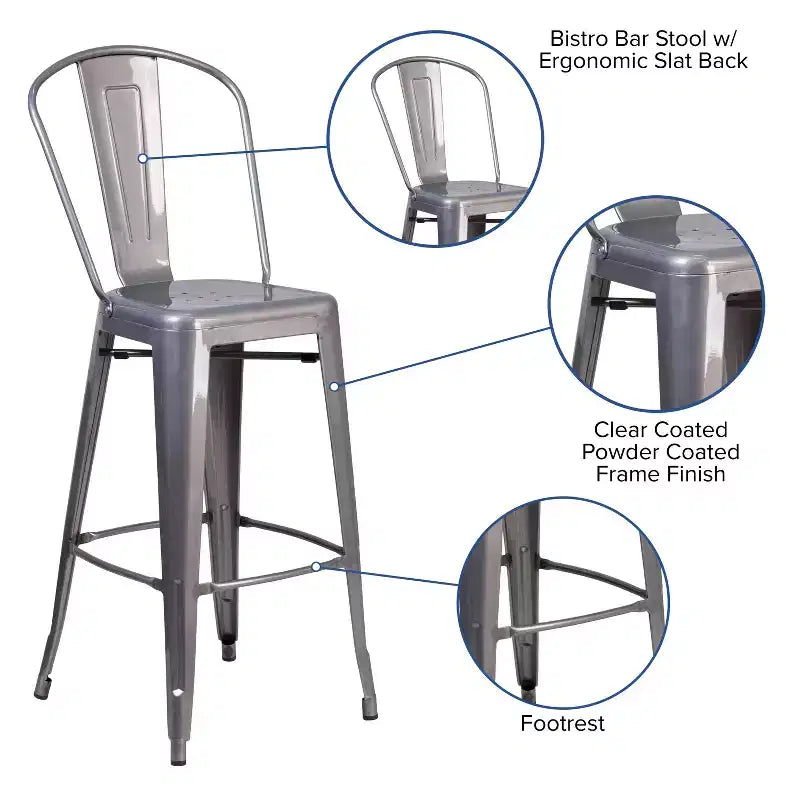 Flash Furniture Lincoln 30'' High Silver Antique Finish with Clear Coat Indoor Barstool with Back