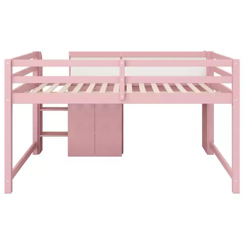 Letto a soppalco basso rosa/bianco con scrivania, contenitore e lavagna bianca - Singolo, 1 persona
