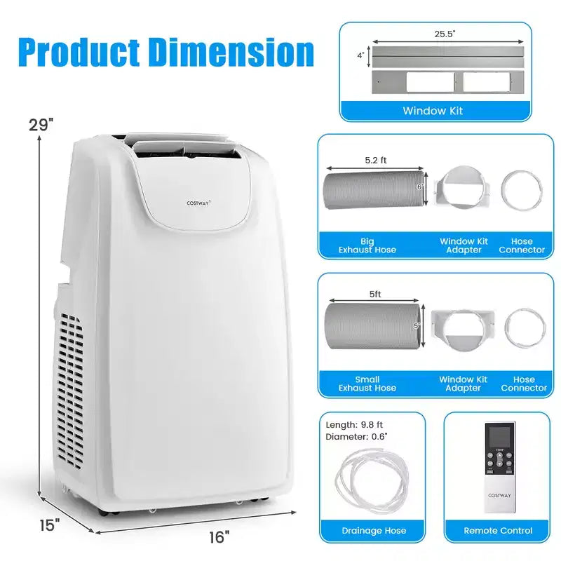 Costway Climatizzatore Portatile a Doppio Tubo 8000 BTU (11.500 BTU ASHRAE) Unità AC 3-in-1 con Telecomando