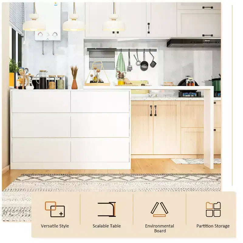 Credenza da buffet intelligente girevole/allungabile con 6 cassetti, piano d'appoggio esteso, tappetino antiscivolo, tavolo da pranzo girevole, isola per cucina/dispensa
