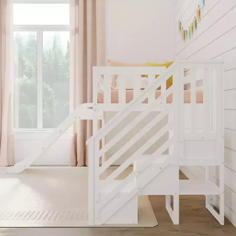 Letto a soppalco basso per bambini con scivolo e scale, legno massiccio, 14 sponde protettive, capacità 181 kg